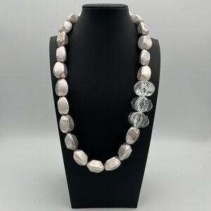 Chunky Silver & Clear Statement Necklace Abstract Pebble Lucite Beads
